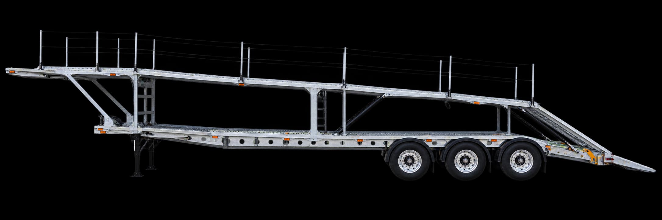 Semitrailer with decks and ramps for carrying vehicles